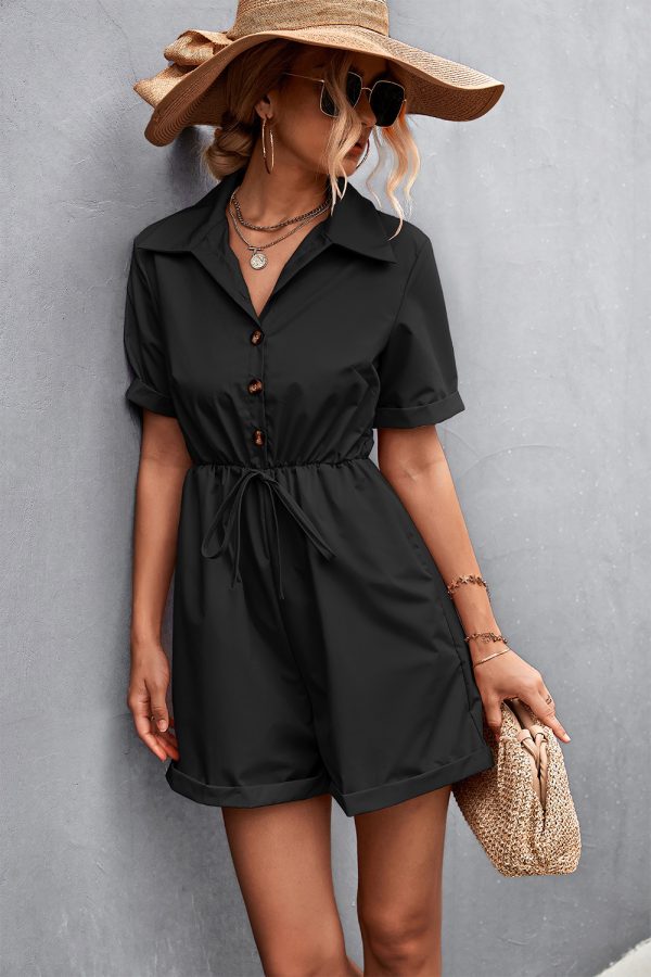 Spring Summer Shirt Collar Lace-Up Short Sleeve Romper for Women - Image 3