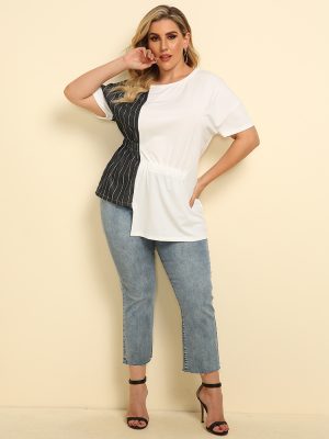 Plus Size Striped Asymmetric Hem Short-Sleeve T-Shirt