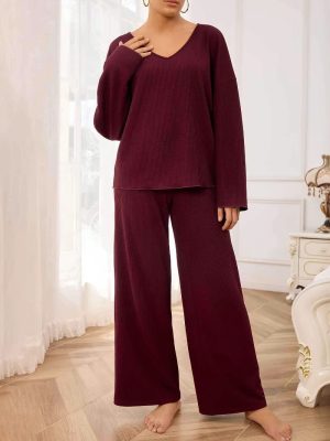 Women’s Spring Autumn Long Sleeve Solid Color Casual Thread Knitted Two-Piece Set