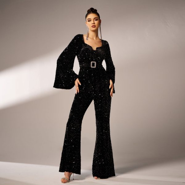 Advanced Long Sleeve Square Neck Slim Fit Sheath Cocktail Sequined Evening Dress Jumpsuit - Image 2