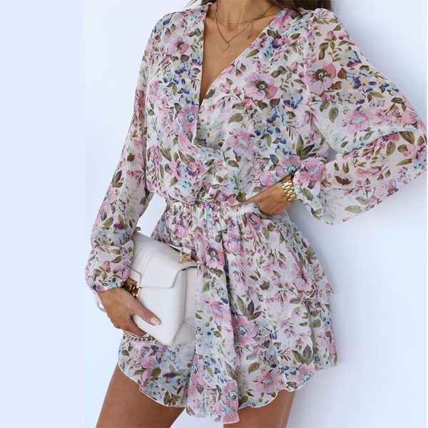 Autumn V-Neck Floral Chiffon High Waist Long Sleeve Dress - Image 4