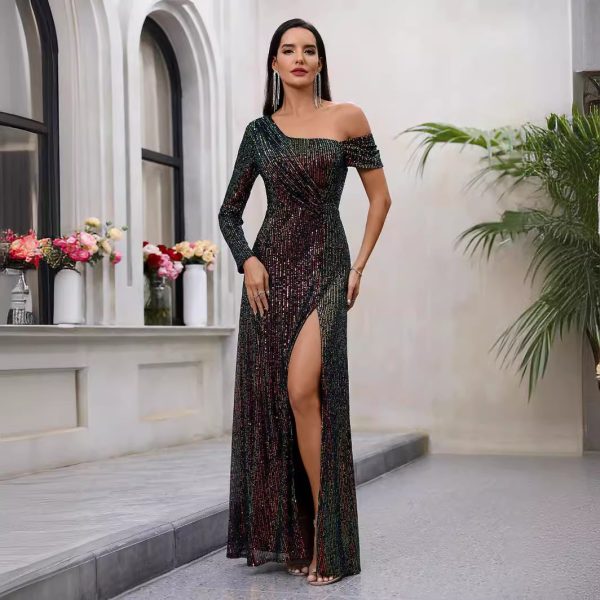 Popular Women Sexy Sequined High Slit Oblique Collar Evening Dress - Image 2