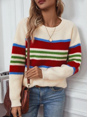 Casual Striped Round Neck Pullover Sweater for Women