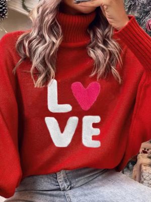 Valentine’s Day Love Red Turtleneck Sweater Batwing Sleeve Loose Pullover Knitted Top