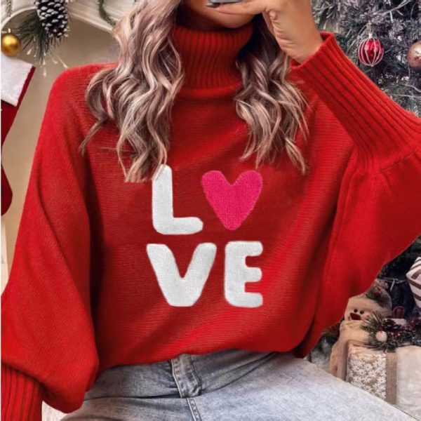 Valentine's Day Love Red Turtleneck Sweater Batwing Sleeve Loose Pullover Knitted Top