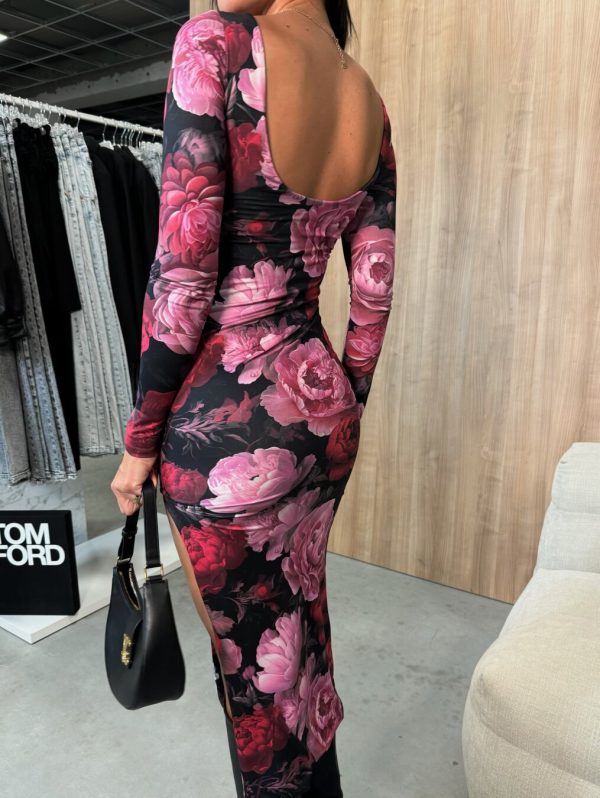 Women’s Sexy Slim Round Neck Floral Print Long Sleeve Slit Dress - Image 3