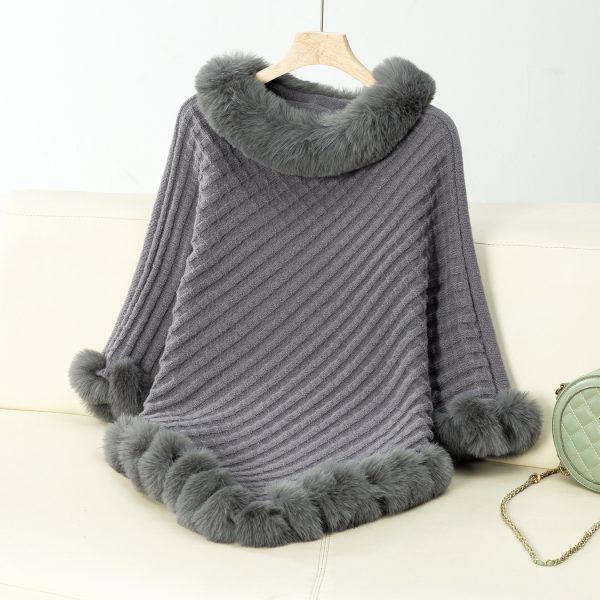 Solid Color Fur Collar Plaid Knitted Cape Sweater for Women - Image 7