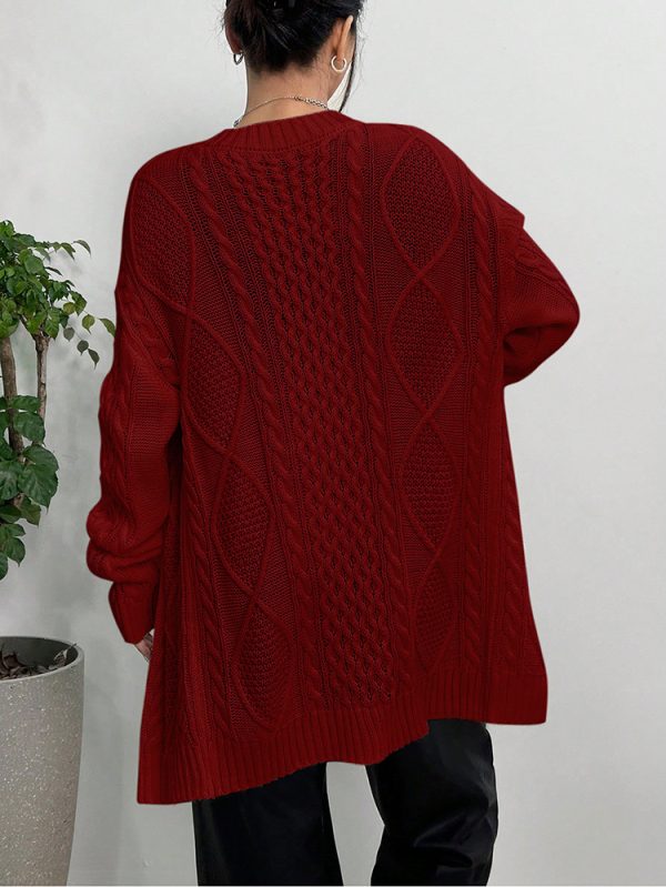 Autumn Winter Sweater Coat Casual Loose Twisted V-Neck Mid-Length Knitted Cardigan - Image 2