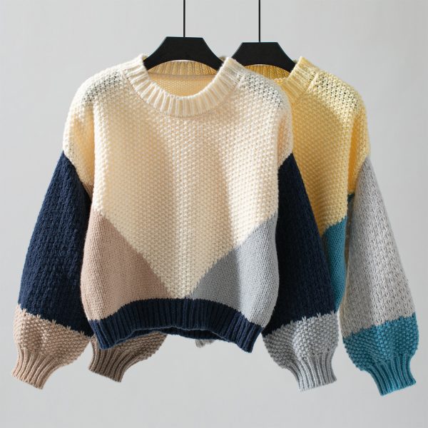 Contrast Color Round Neck Pullover Sweater for Women - Image 3