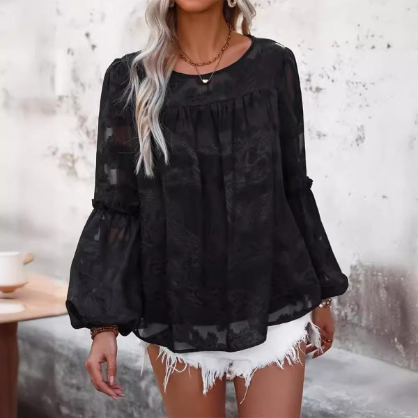 Women’s Cut Floral Design Lantern Sleeve Long Sleeve Top