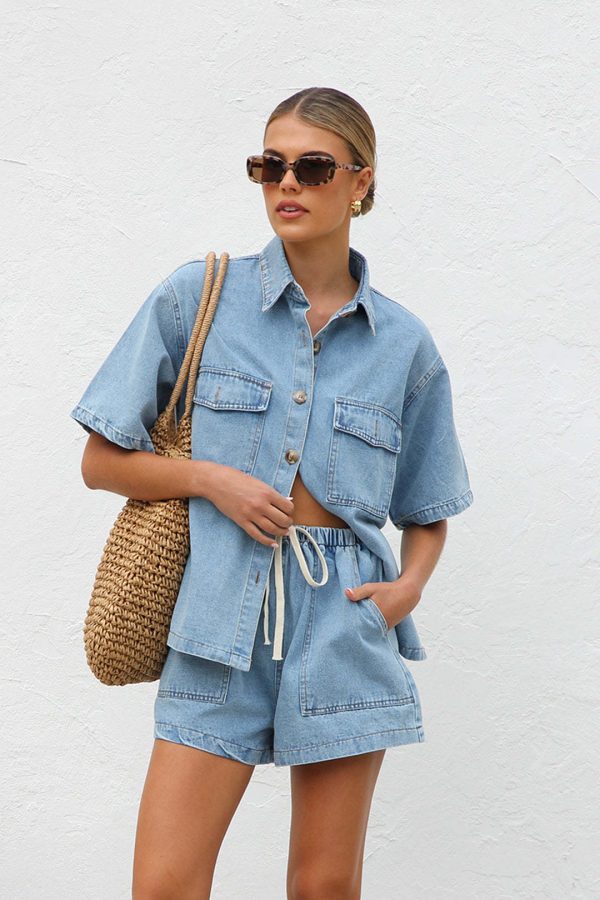 Summer Women’s Casual Loose Pockets Short-Sleeved Shirt and Denim Two-Piece Set - Image 3