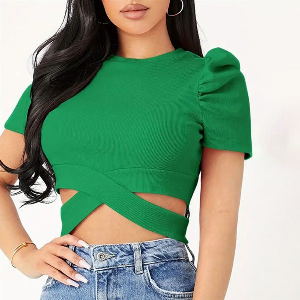 Round Neck Puff Sleeve Crop Top for Women - Image 2