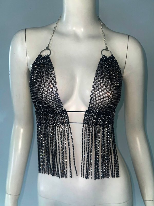 Sexy Fishnet Rhinestone Tassel Halterneck Sling Top - Image 3