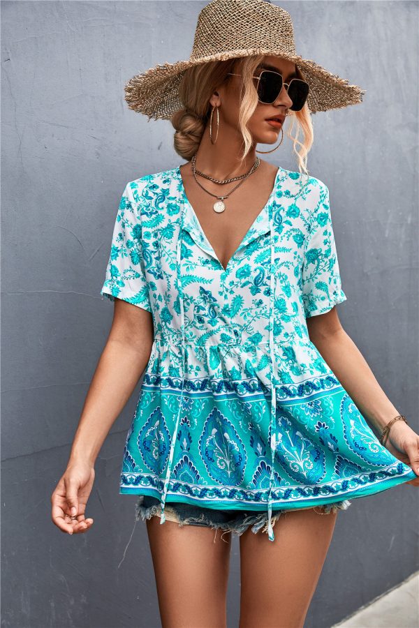 Spring Summer Bohemian V-Neck Lace-Up Floral Top for Women - Image 3