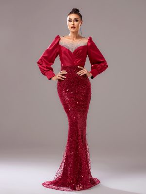 Long Sleeve Round Neck Rhinestone Sequin Wrapped Hip Cocktail Evening Dress