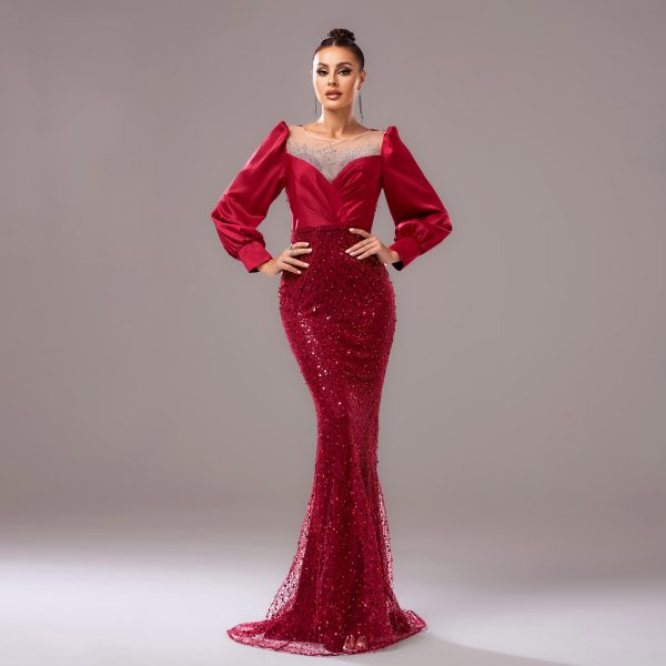 Long Sleeve Round Neck Rhinestone Sequin Wrapped Hip Cocktail Evening Dress