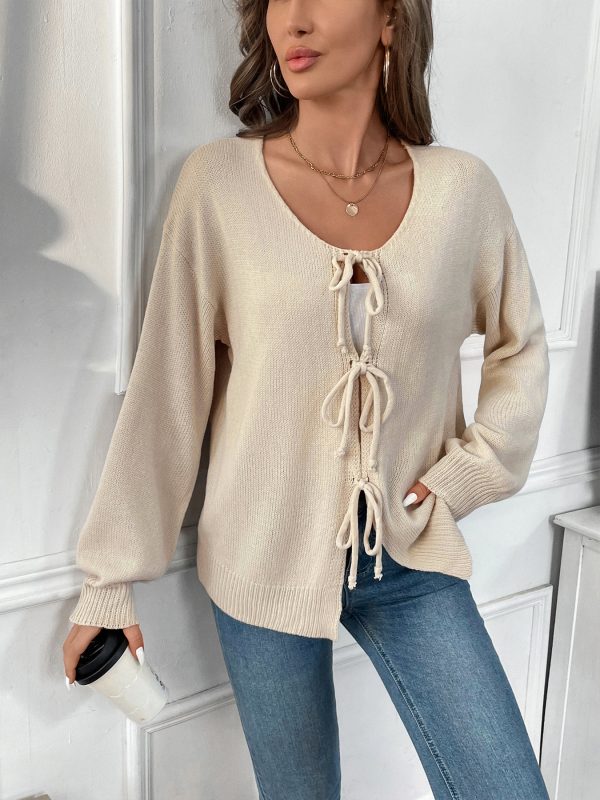 Women’s Lace-Up Crew Neck Solid Color Cardigan Sweater Coat - Image 3