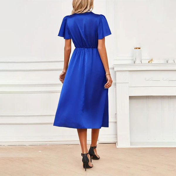 Satin Solid Color Short Sleeve Long Pattern Dress - Image 4