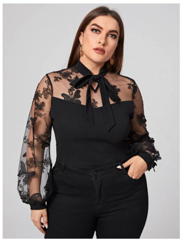 Plus Size Mesh Stitching Lace-Up Long Sleeve Shirt