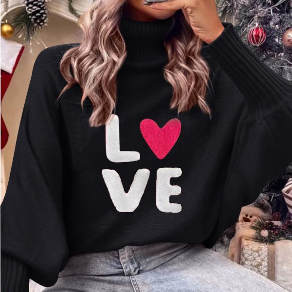 Valentine's Day Love Red Turtleneck Sweater Batwing Sleeve Loose Pullover Knitted Top - Image 3