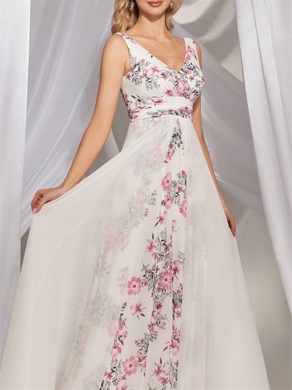 White V-Collar Printed Chiffon Maxi Dress - Bridesmaid & Cocktail - Image 3