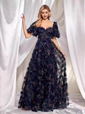 Floral U-Neck Slim Fit Evening Dress – Cocktail & Party Wear