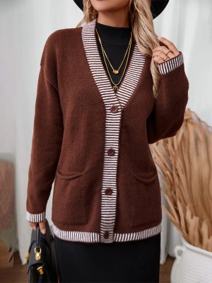 Autumn Winter Striped Loose Sweater Coat for Women