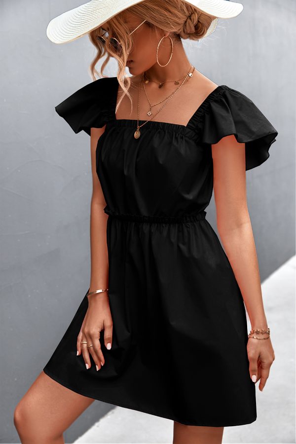 Spring Summer Solid Color Ruffle Sleeve Square Collar Short Dress - Image 3