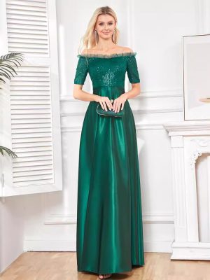 Off-Shoulder Sequin Fishtail Satin Dress – Cocktail Gown