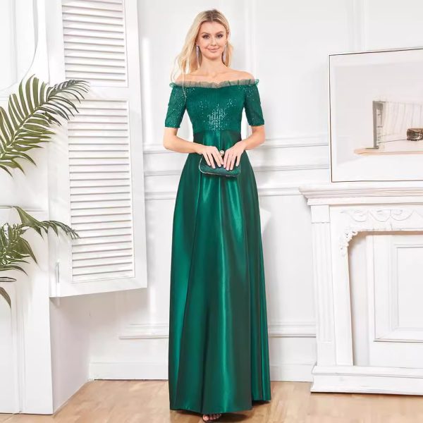 Off-Shoulder Sequin Fishtail Satin Dress - Cocktail Gown