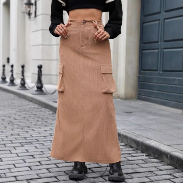 Retro Corduroy Tooling Slit Long Skirt for Women