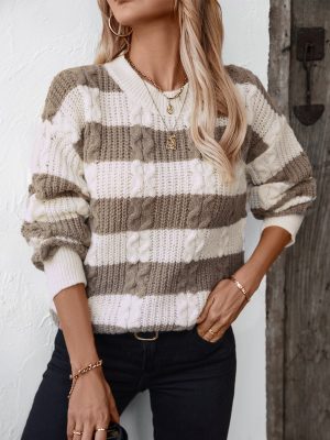 Retro Stripe Twisted Knit Pullover Sweater for Women