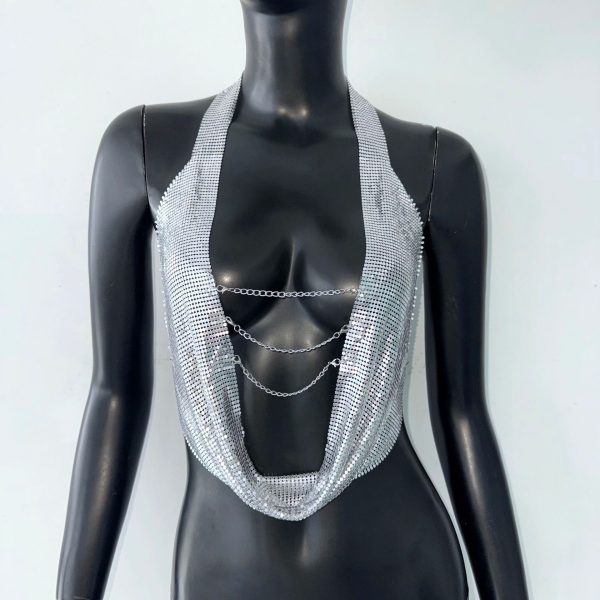 Sexy Metal Sequined Sling Top with Chain Decoration - Image 4