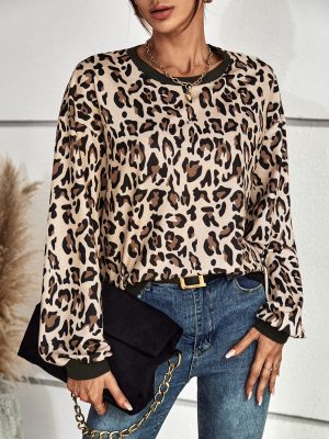 Leopard Print Long Sleeve Casual Sweatshirt for Women