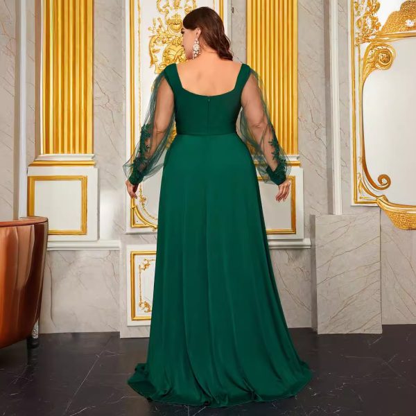 Plus Size Diamond Collar Embroidered Mesh Backless Evening Dress - Image 2