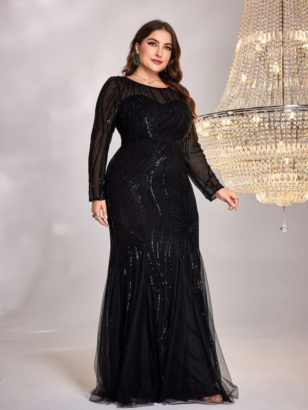 Plus Size Long Sleeve Round Neck Slim Fit Fishtail Evening Dress - Image 3