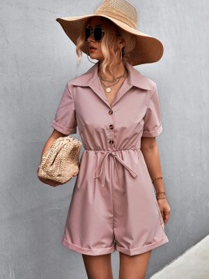 Spring Summer Shirt Collar Lace-Up Short Sleeve Romper for Women