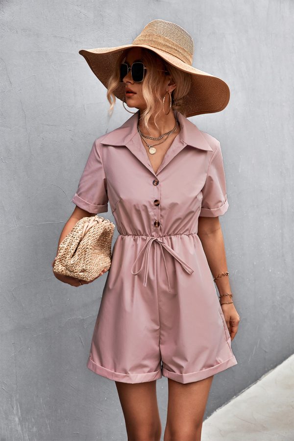 Spring Summer Shirt Collar Lace-Up Short Sleeve Romper for Women