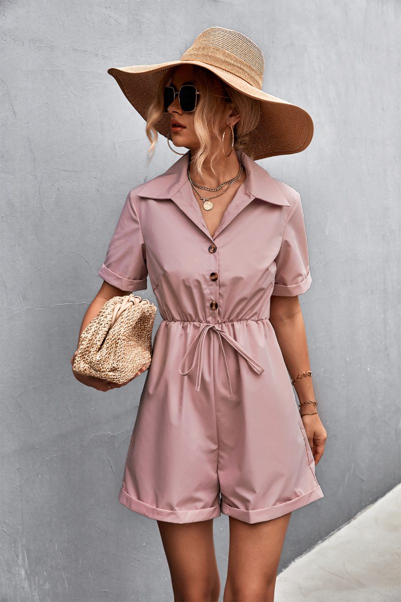 Spring Summer Shirt Collar Lace-Up Short Sleeve Romper for Women