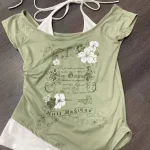 Summer Fake Two Pieces Halter Bandage Vintage T-shirts photo review