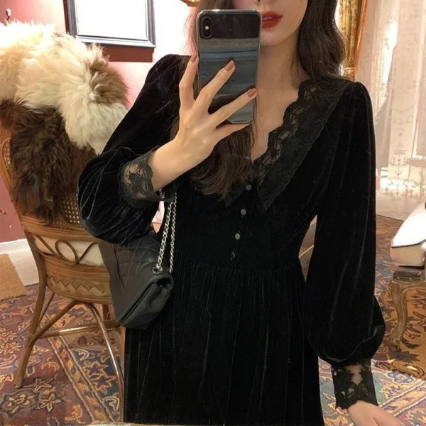 Vintage Dress Women Lace Velvet Black Elegant Party Dress - Image 6