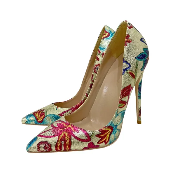 Floral Embroidered Women Gold Pointy Toe 8-cm High Heel Shoes - Image 9