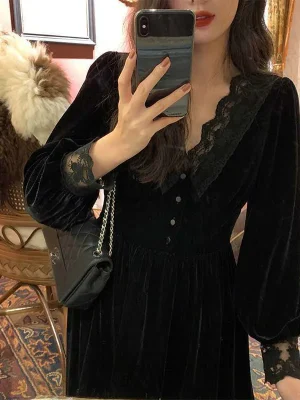 Vintage Dress Women Lace Velvet Black Elegant Party Dress