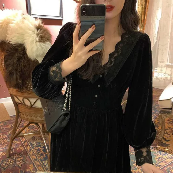 Vintage Dress Women Lace Velvet Black Elegant Party Dress