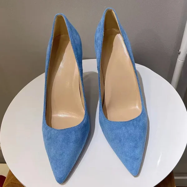 Light Blue Women Faux Suede Pointy Toe High Heel - Image 4