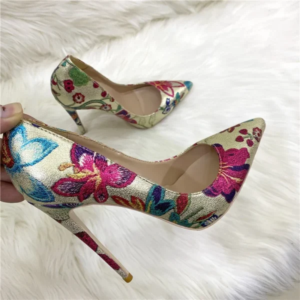 Floral Embroidered Women Gold Pointy Toe 8-cm High Heel Shoes - Image 5