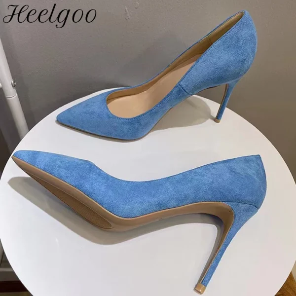 Light Blue Women Faux Suede Pointy Toe High Heel - Image 2