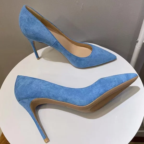 Light Blue Women Faux Suede Pointy Toe High Heel - Image 9