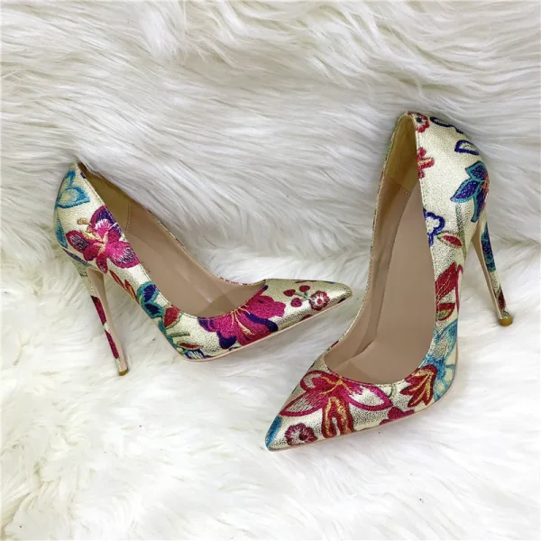 Floral Embroidered Women Gold Pointy Toe 8-cm High Heel Shoes - Image 4