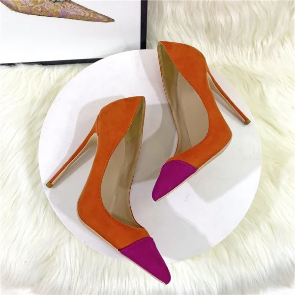 Orange Purple Patchwork Women Flock Pointy Toe High Heel Shoes - Image 4